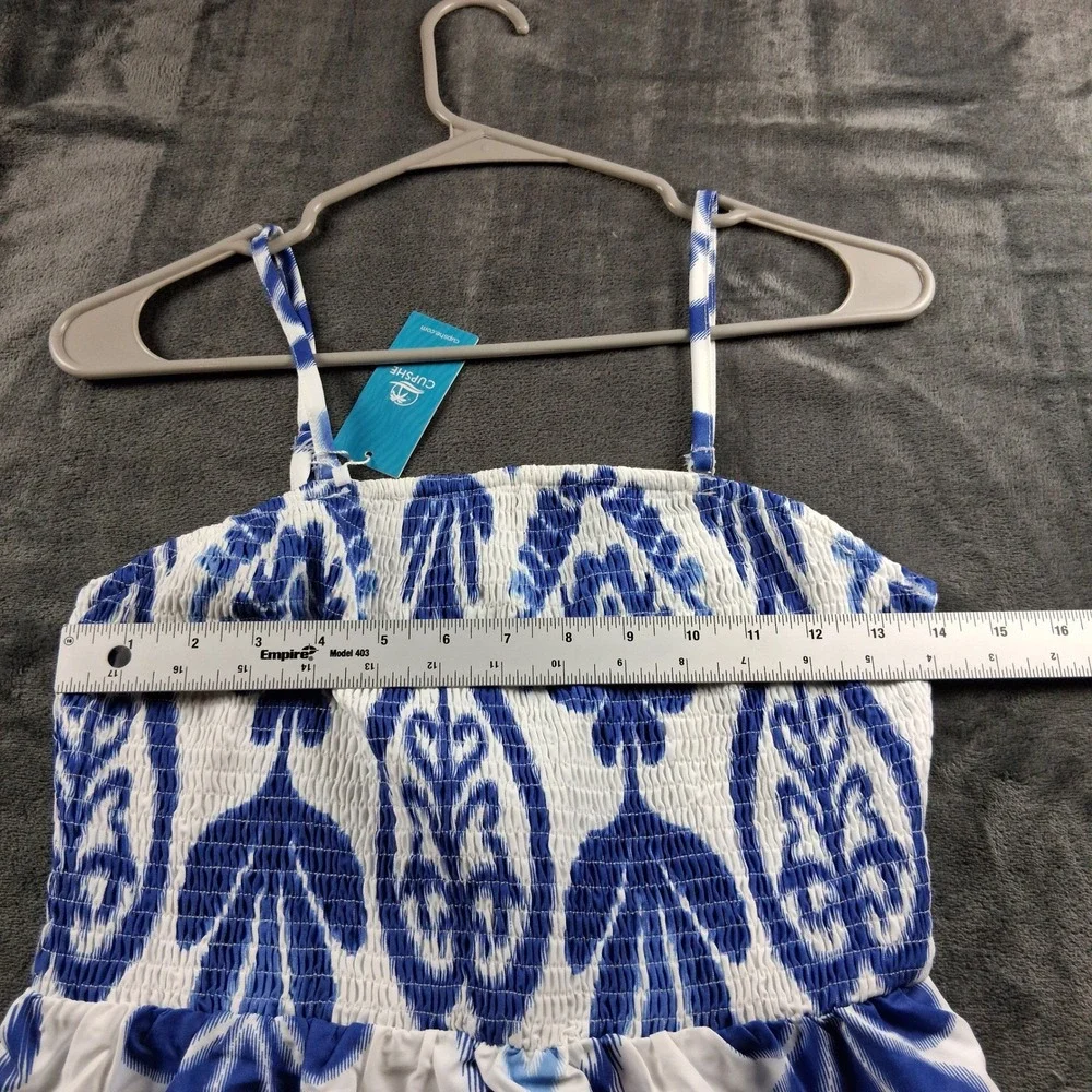 NWT Cupshe Maxi Dress Womens Medium Blue White Ikat Smocked Tiered Boho - Picture 7 of 9